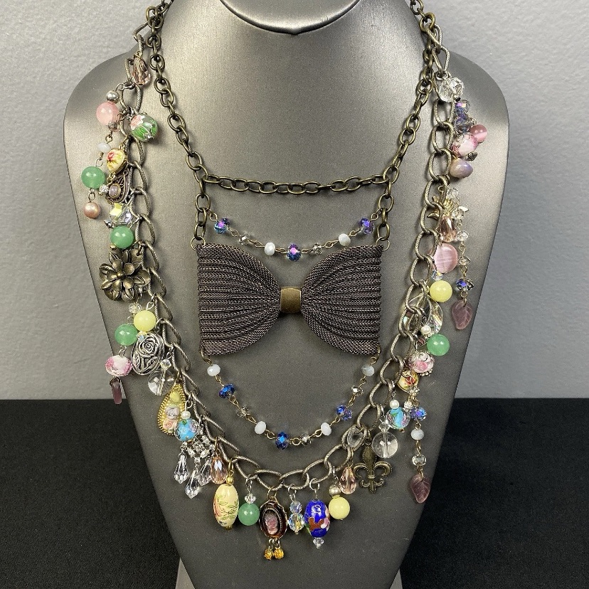 Romantic Coquette Necklace Charms Glass Beaded 16" To 20" Upcycled Handmade